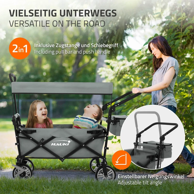 HAUKI | Bollerwagen XXL faltbar mit Dach und Tasche bis 120 kg aus Stahl Grau Transportwagen Handwagen klappbar für Kinder Picknick Garten & Camping