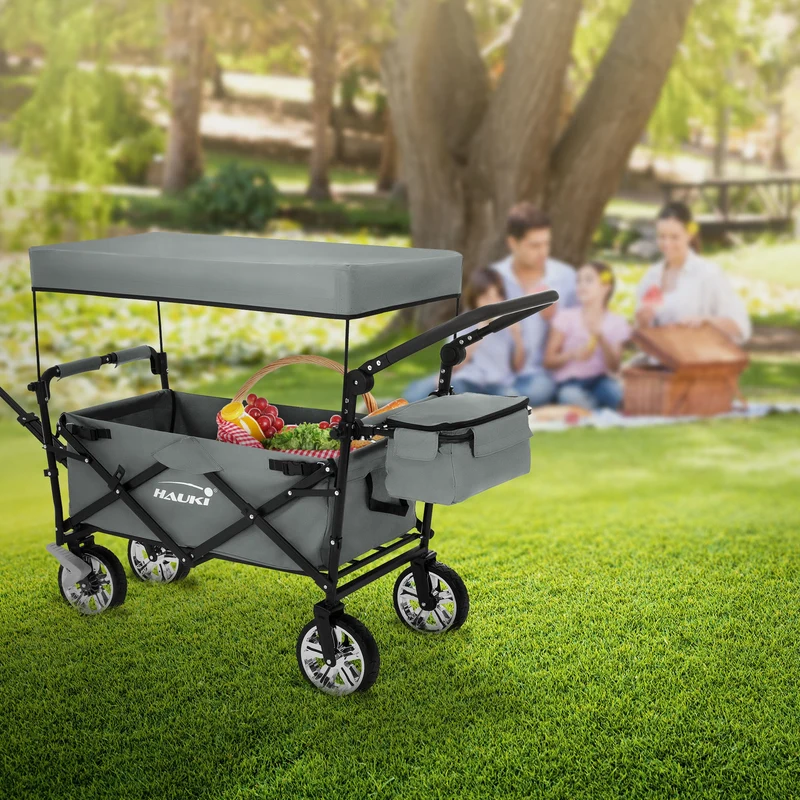HAUKI | Bollerwagen XXL faltbar mit Dach und Tasche bis 120 kg aus Stahl Grau Transportwagen Handwagen klappbar für Kinder Picknick Garten & Camping