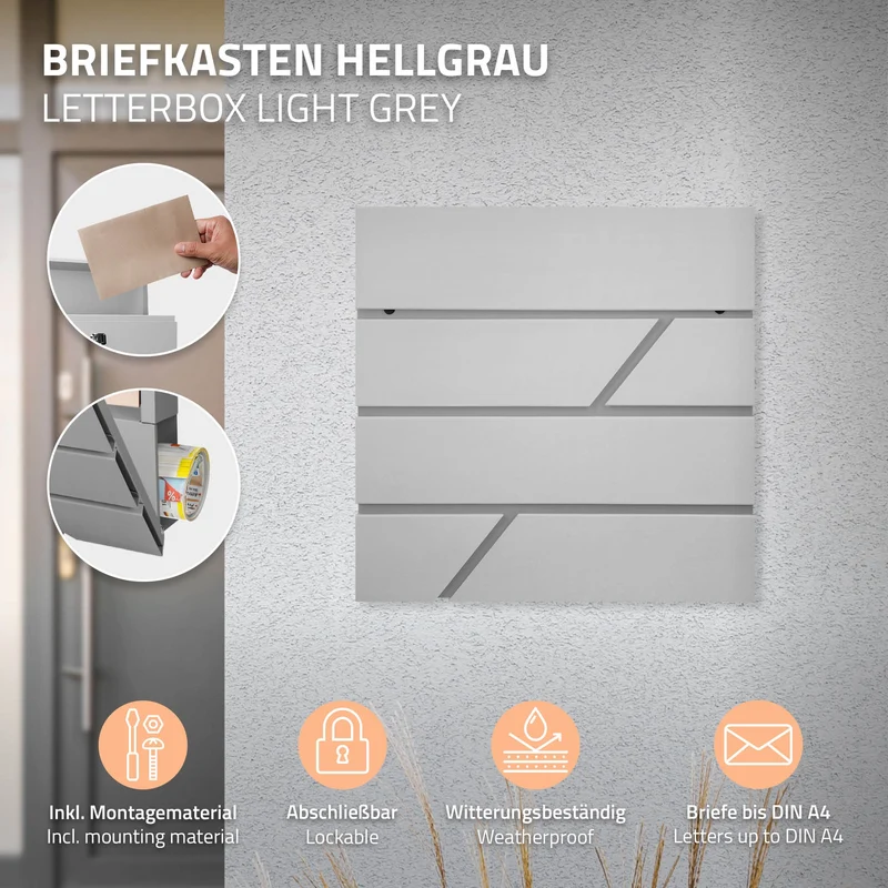 Briefkasten mit Zeitungsfach 37x11x37 cm Hellgrau aus Edelstahl