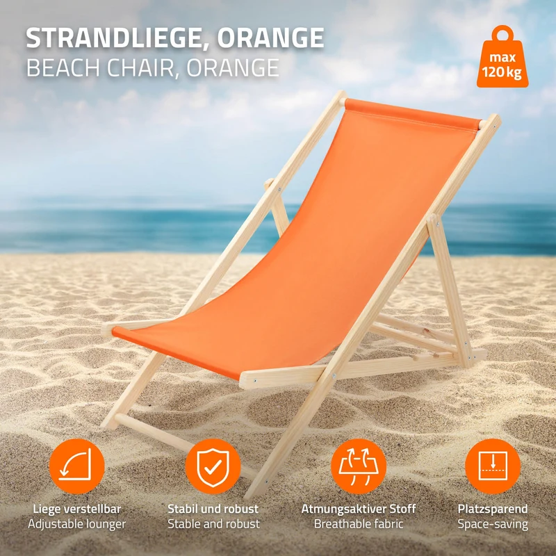 B-Ware Gartenstuhl Strandliege Liegestuhl Sonnenliege Orange aus Holz klappbar