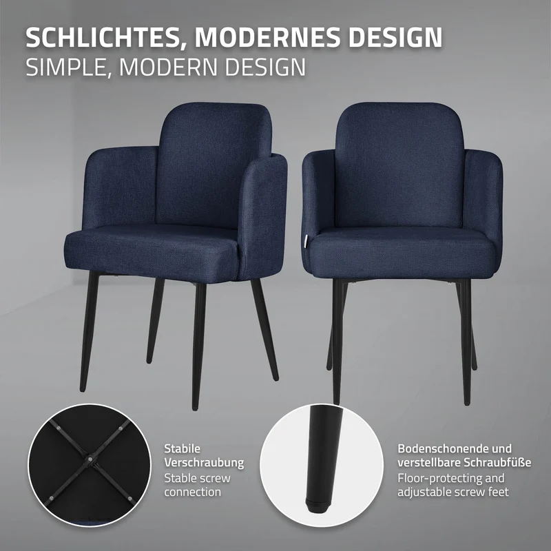 4er Set Esszimmerstühle mit Rücken- & Armlehne Dunkelblau mit Metallbeinen bis 120 kg ML-Design