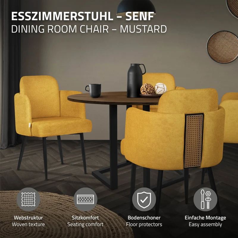 2er Set Esszimmerstühle mit Rücken- & Armlehne Senf mit Metallbeinen bis 120 kg ML-Design