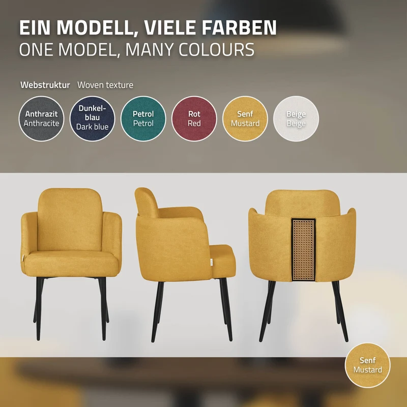 2er Set Esszimmerstühle mit Rücken- & Armlehne Senf mit Metallbeinen bis 120 kg ML-Design