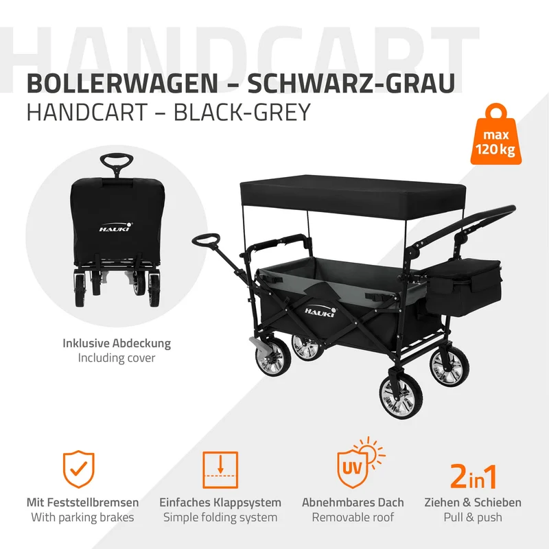 HAUKI | Bollerwagen XXL faltbar mit Dach und Tasche bis 120 kg aus Stahl Schwarz-Grau Transportwagen Handwagen klappbar für Kinder Picknick & Camping