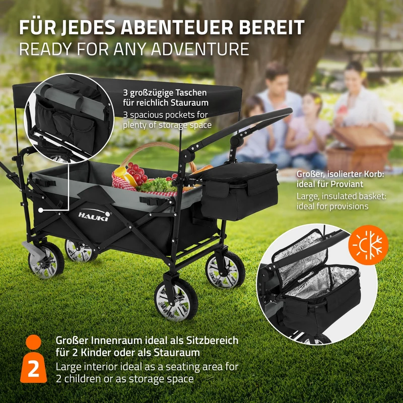 HAUKI | Bollerwagen XXL faltbar mit Dach und Tasche bis 120 kg aus Stahl Schwarz-Grau Transportwagen Handwagen klappbar für Kinder Picknick & Camping