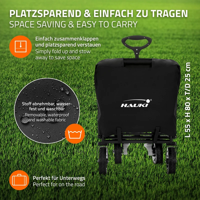 HAUKI | Bollerwagen XXL faltbar mit Dach und Tasche bis 120 kg aus Stahl Schwarz-Grau Transportwagen Handwagen klappbar für Kinder Picknick & Camping