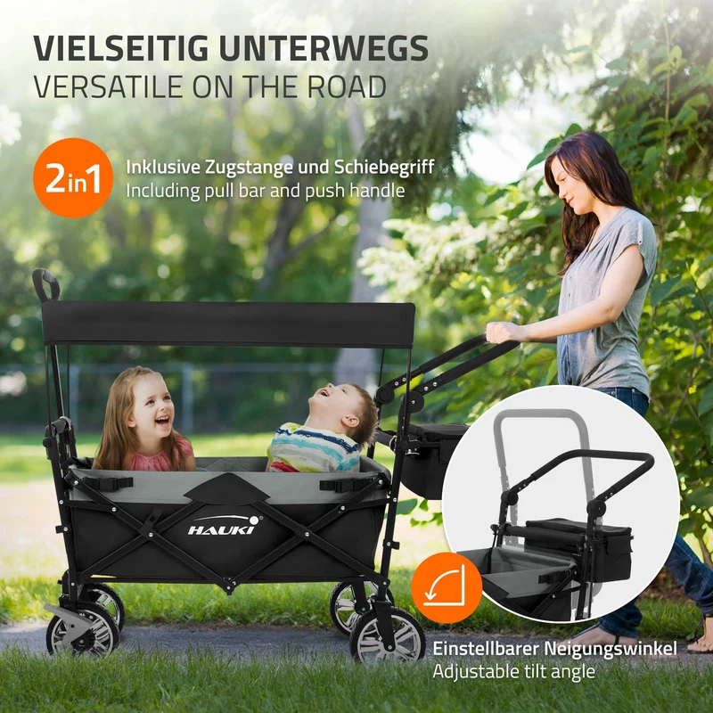 HAUKI | Bollerwagen XXL faltbar mit Dach und Tasche bis 120 kg aus Stahl Schwarz-Grau Transportwagen Handwagen klappbar für Kinder Picknick & Camping