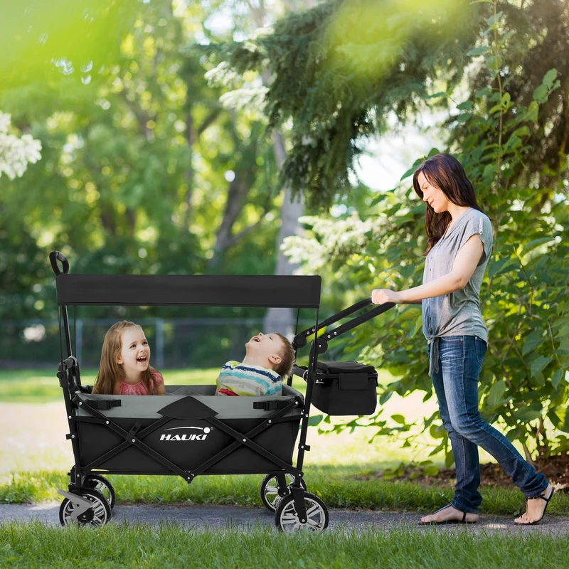 HAUKI | Bollerwagen XXL faltbar mit Dach und Tasche bis 120 kg aus Stahl Schwarz-Grau Transportwagen Handwagen klappbar für Kinder Picknick & Camping
