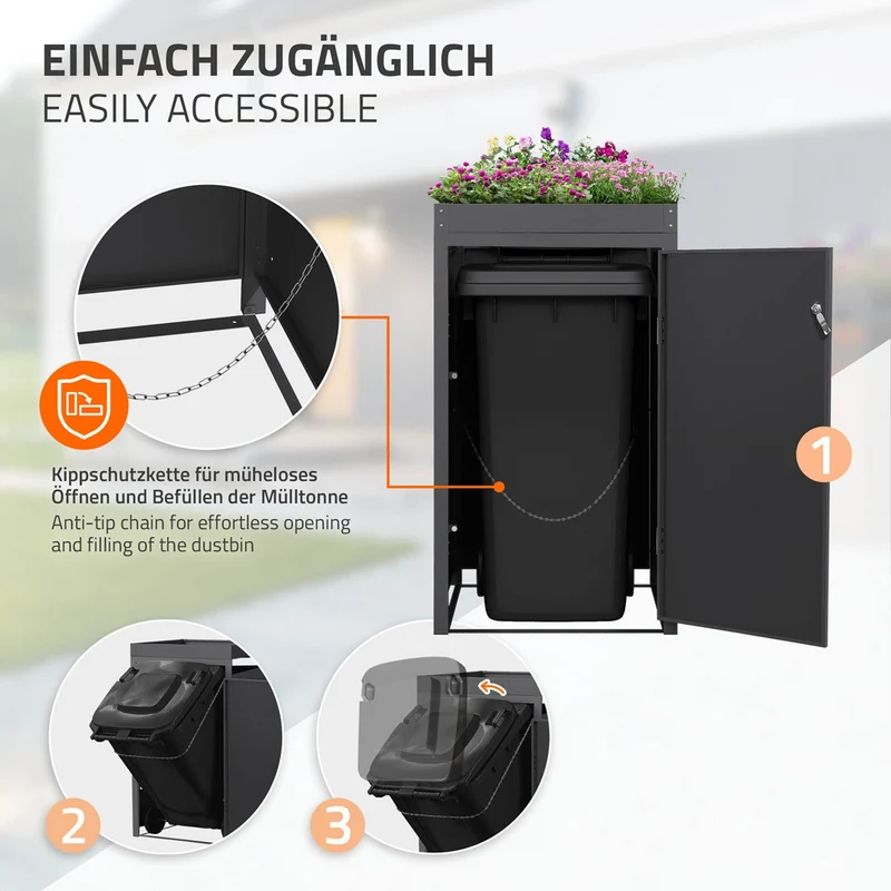 Mülltonnenbox mit Pflanzdach 1er bis 240L 68x80x124 cm aus Stahl in Rostoptik ML-Design