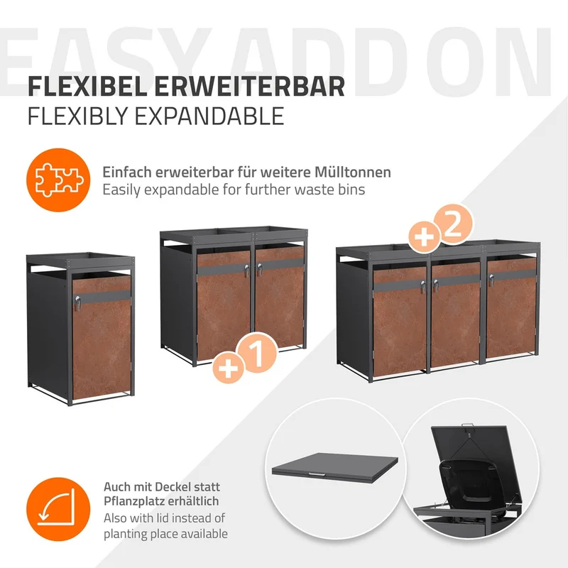 Mülltonnenbox mit Pflanzdach 1er bis 240L 68x80x124 cm aus Stahl in Rostoptik ML-Design