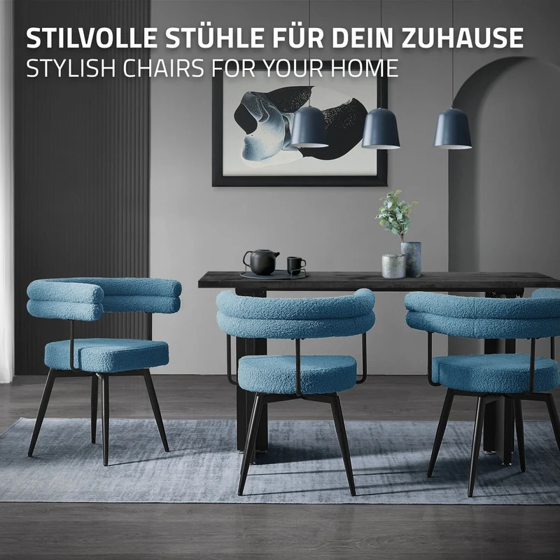 4er Set Esszimmerstühle 360° drehbar in Blau Teddy-Stoff mit Arm- und Rückenlehnen Küchenstuhl ML-Design