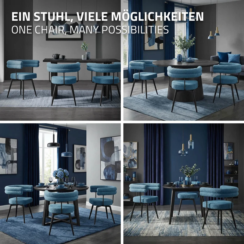 4er Set Esszimmerstühle 360° drehbar in Blau Teddy-Stoff mit Arm- und Rückenlehnen Küchenstuhl ML-Design