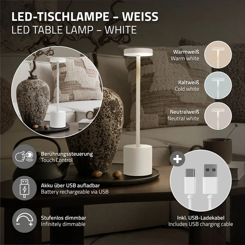 LED Tischlampe kabellos mit Touch, Weiß Ø8x34,5cm Akku Tischleuchte USB-C ML-Design