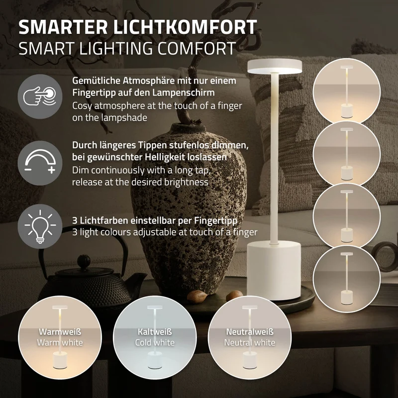 LED Tischlampe kabellos mit Touch, Weiß Ø8x34,5cm Akku Tischleuchte USB-C ML-Design