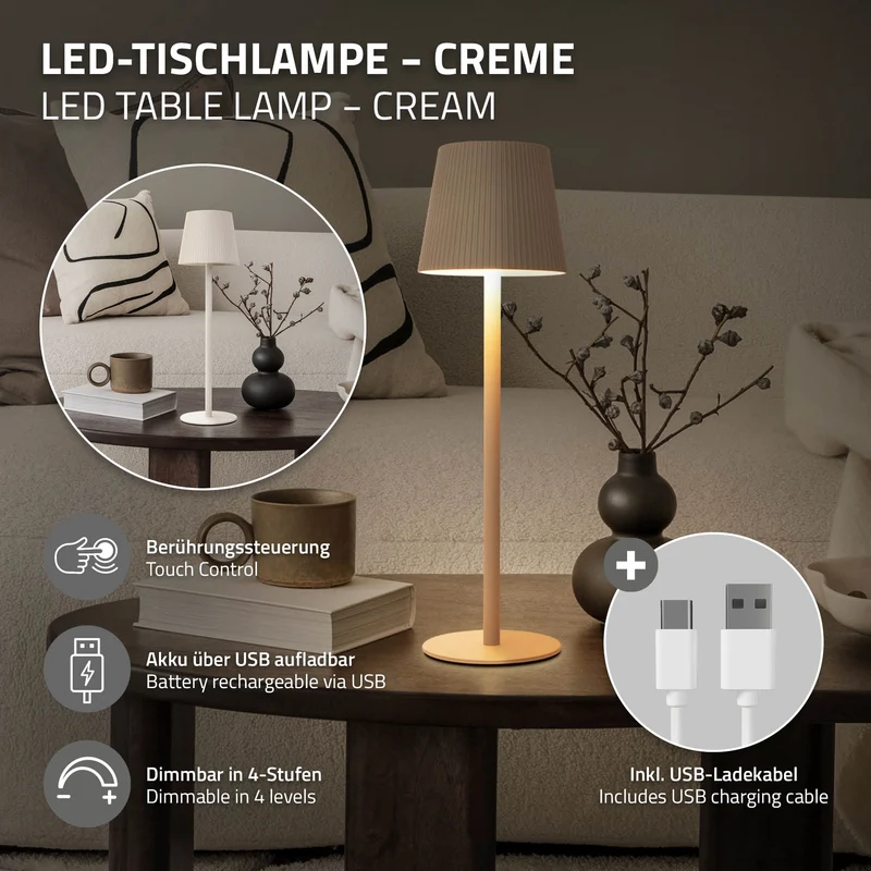 LED Tischlampe kabellos mit Touch, Creme, Ø10x36 cm, Akku Tischleuchte USB-C ML-Design