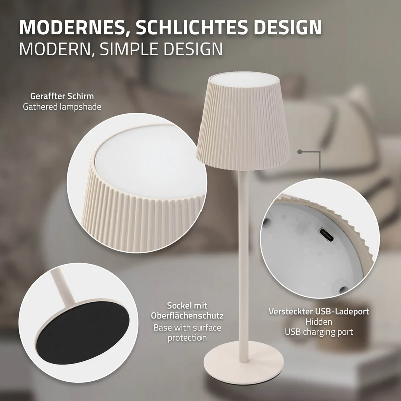 LED Tischlampe kabellos mit Touch, Creme, Ø10x36 cm, Akku Tischleuchte USB-C ML-Design