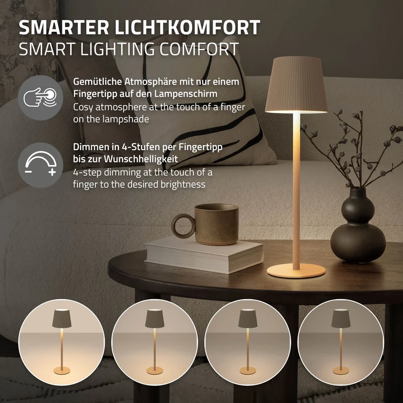 LED Tischlampe kabellos mit Touch, Creme, Ø10x36 cm, Akku Tischleuchte USB-C ML-Design