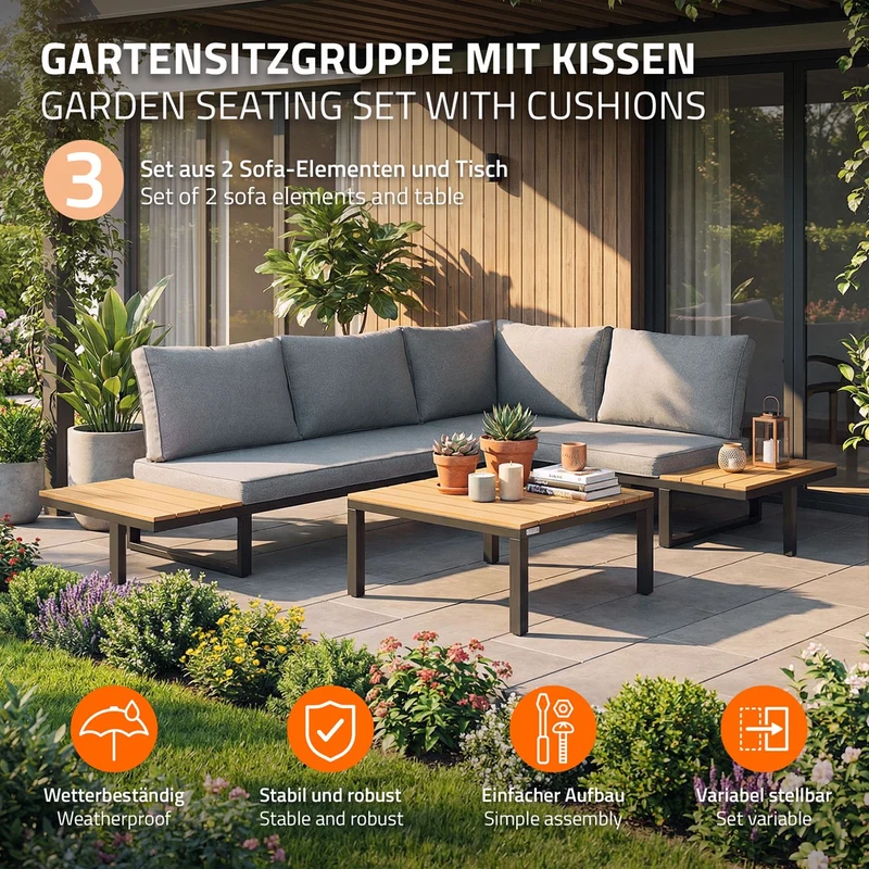 ML-Design | Gartenmöbel Set 3-Teilig für 4 Personen Grau-Holzoptik aus Stahl Loungegarnitur wetterfest Sitzgruppe frei kombinierbar