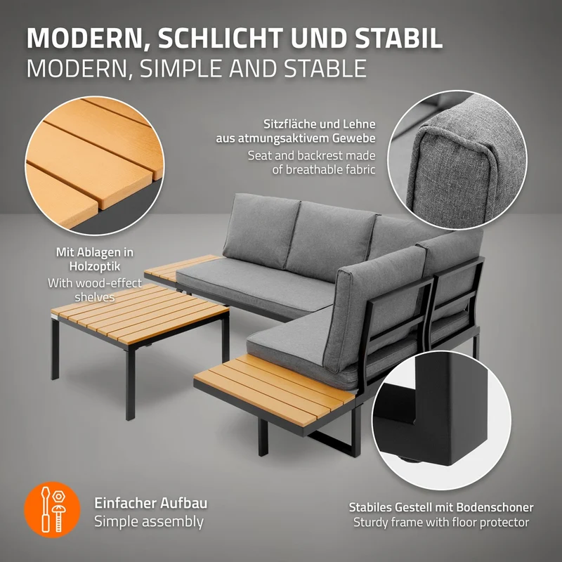 ML-Design | Gartenmöbel Set 3-Teilig für 4 Personen Grau-Holzoptik aus Stahl Loungegarnitur wetterfest Sitzgruppe frei kombinierbar