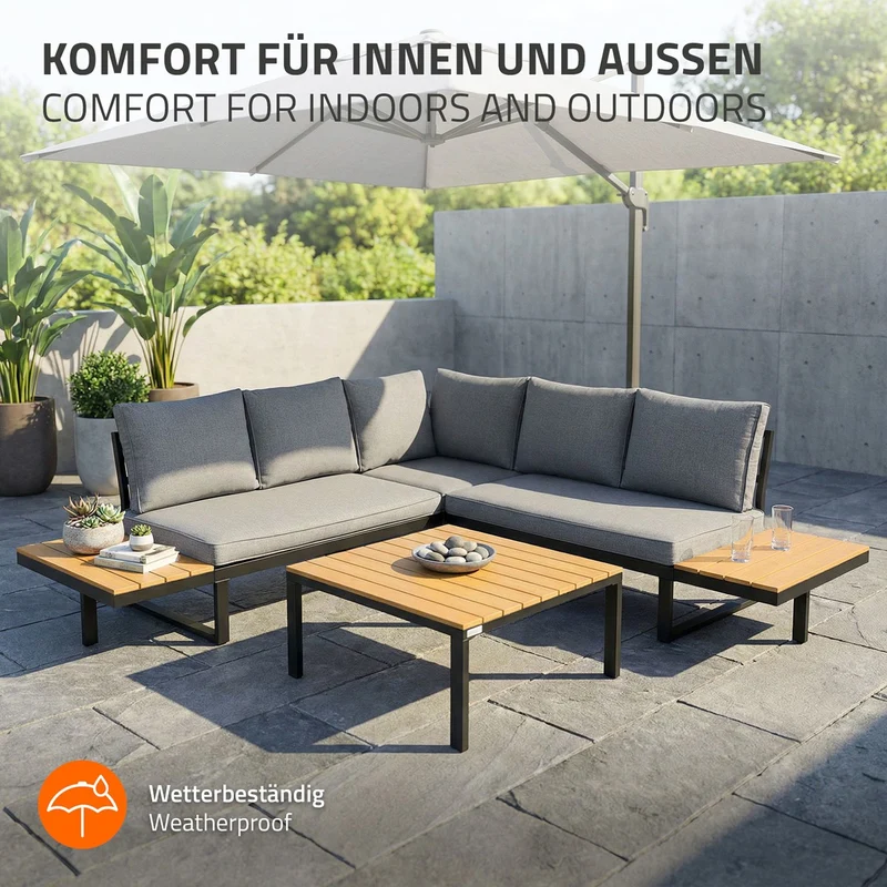 ML-Design | Gartenmöbel Set 3-Teilig für 4 Personen Grau-Holzoptik aus Stahl Loungegarnitur wetterfest Sitzgruppe frei kombinierbar