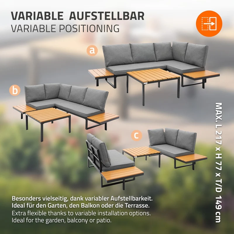 ML-Design | Gartenmöbel Set 3-Teilig für 4 Personen Grau-Holzoptik aus Stahl Loungegarnitur wetterfest Sitzgruppe frei kombinierbar