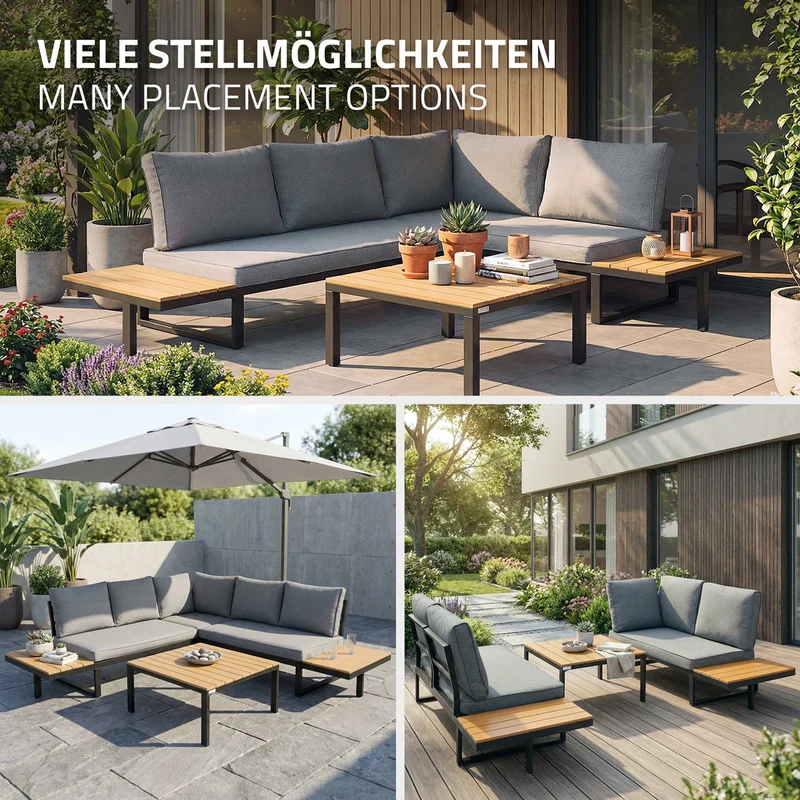 ML-Design | Gartenmöbel Set 3-Teilig für 4 Personen Grau-Holzoptik aus Stahl Loungegarnitur wetterfest Sitzgruppe frei kombinierbar