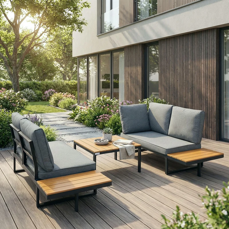 ML-Design | Gartenmöbel Set 3-Teilig für 4 Personen Grau-Holzoptik aus Stahl Loungegarnitur wetterfest Sitzgruppe frei kombinierbar