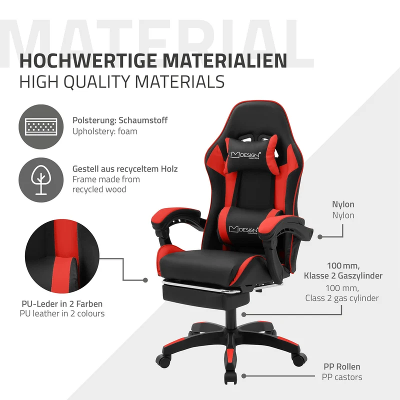 Gaming Stuhl mit Fußstütze und Armlehne Schwarz-Rot, aus Kunstleder ML-Design