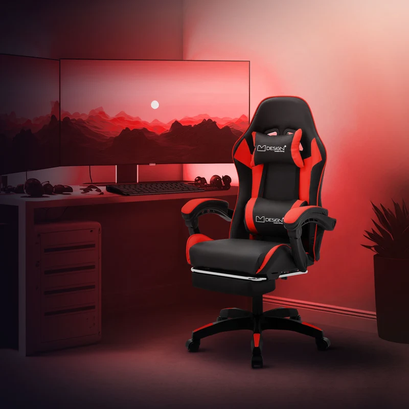 Gaming Stuhl mit Fußstütze und Armlehne Schwarz-Rot, aus Kunstleder ML-Design