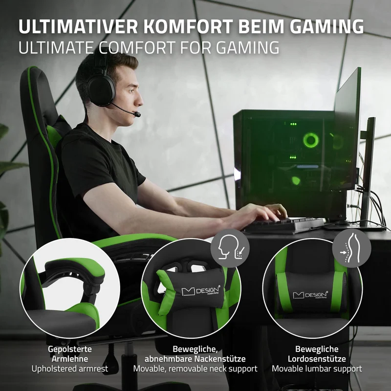 Gaming Stuhl mit Fußstütze und Armlehne Schwarz-Grün, aus Kunstleder ML-Design
