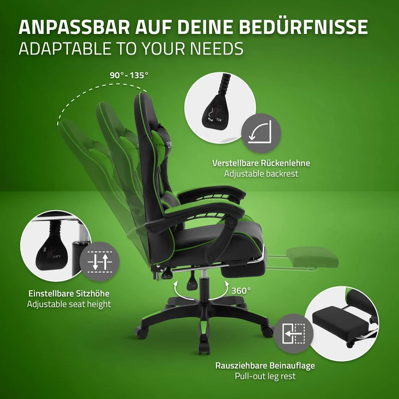 Gaming Stuhl mit Fußstütze und Armlehne Schwarz-Grün, aus Kunstleder ML-Design