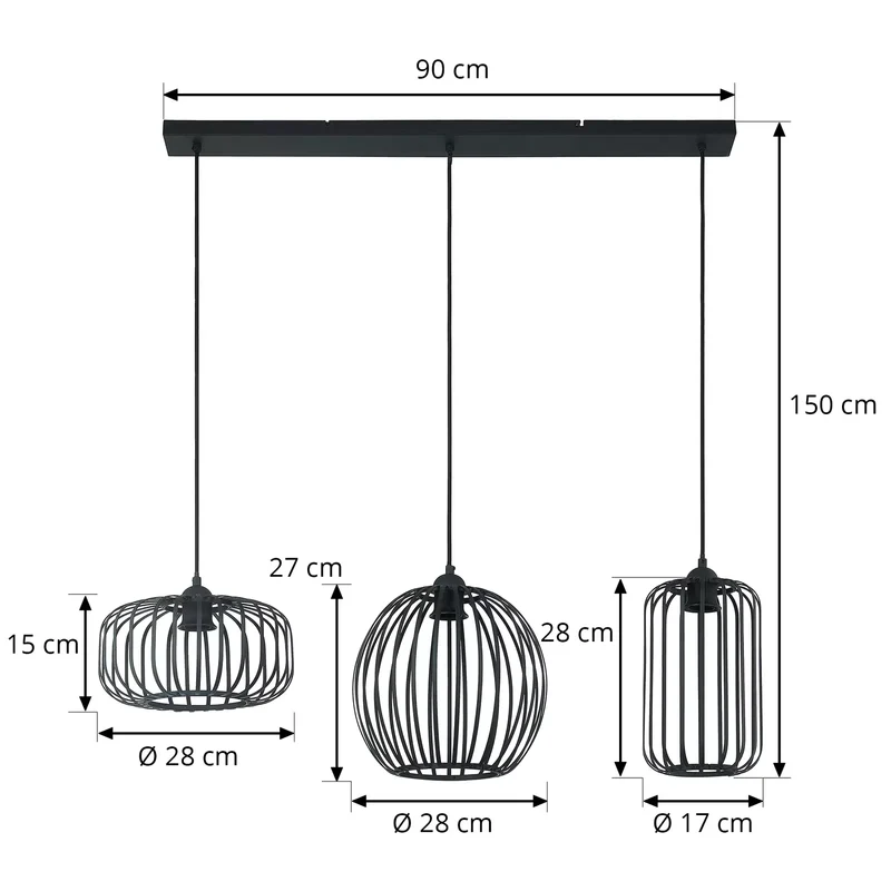 B-Ware Lindby Krish Pendellampe schwarz Eisen Käfigoptik 3-flammig dimmbar 90 cm