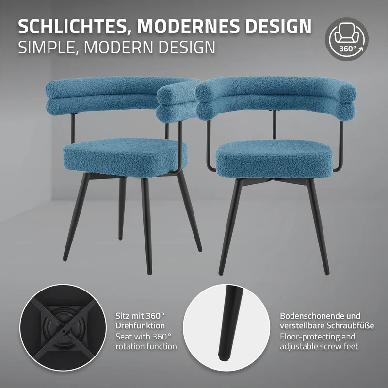 2er Set Esszimmerstühle 360° drehbar in Blau Teddy-Stoff mit Arm- und Rückenlehnen Küchenstuhl ML-Design