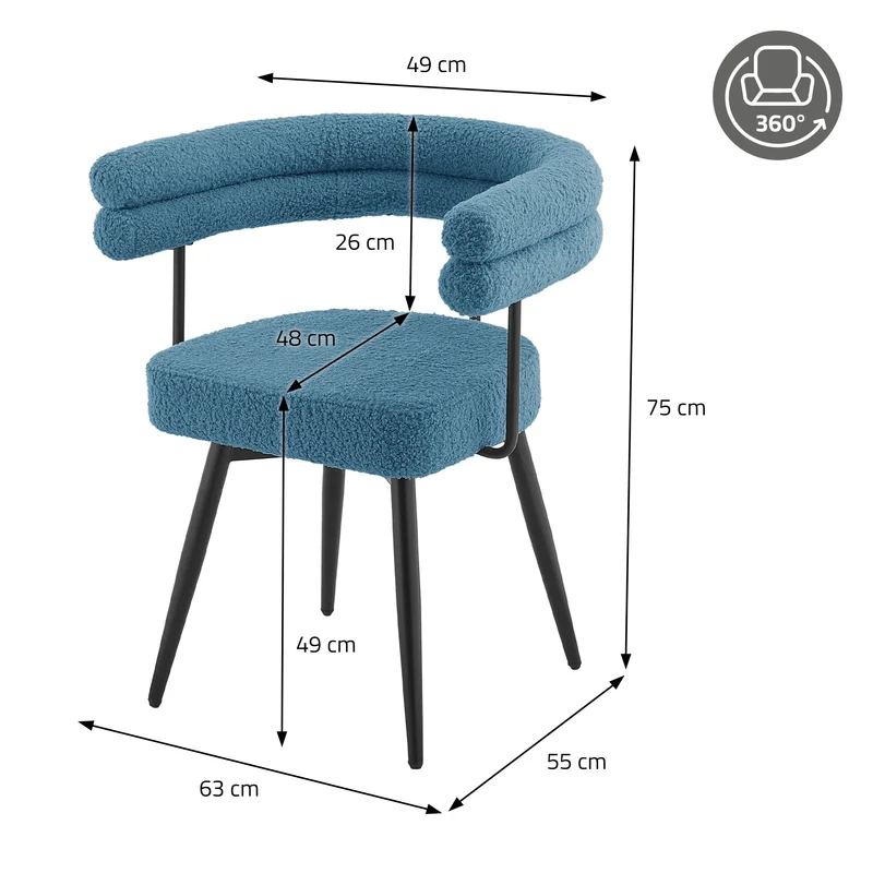 2er Set Esszimmerstühle 360° drehbar in Blau Teddy-Stoff mit Arm- und Rückenlehnen Küchenstuhl ML-Design