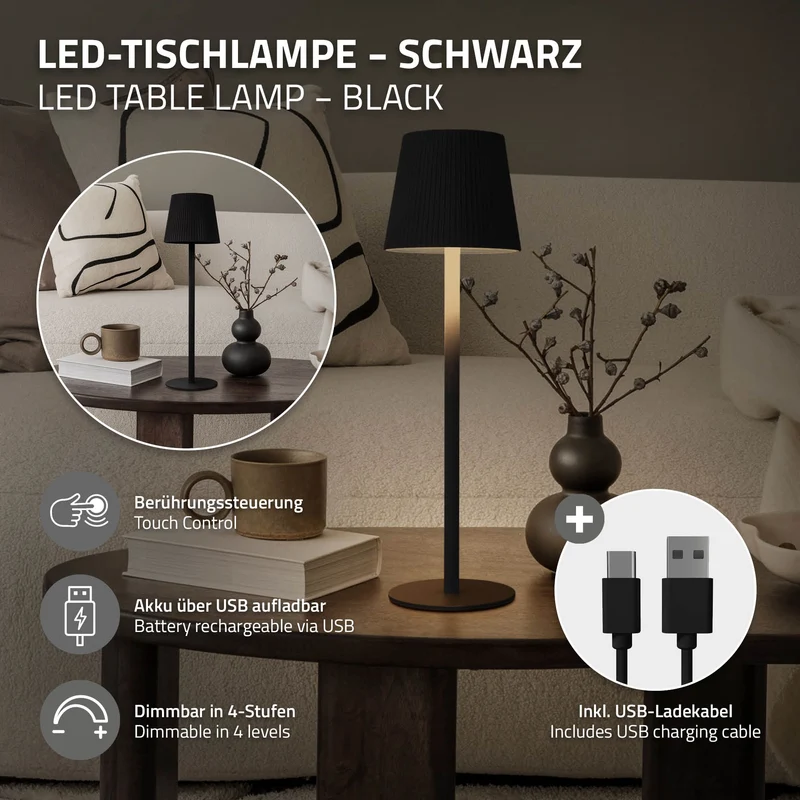LED Tischlampe kabellos mit Touch, Schwarz, Ø10x36 cm, Akku Tischleuchte USB-C ML-Design
