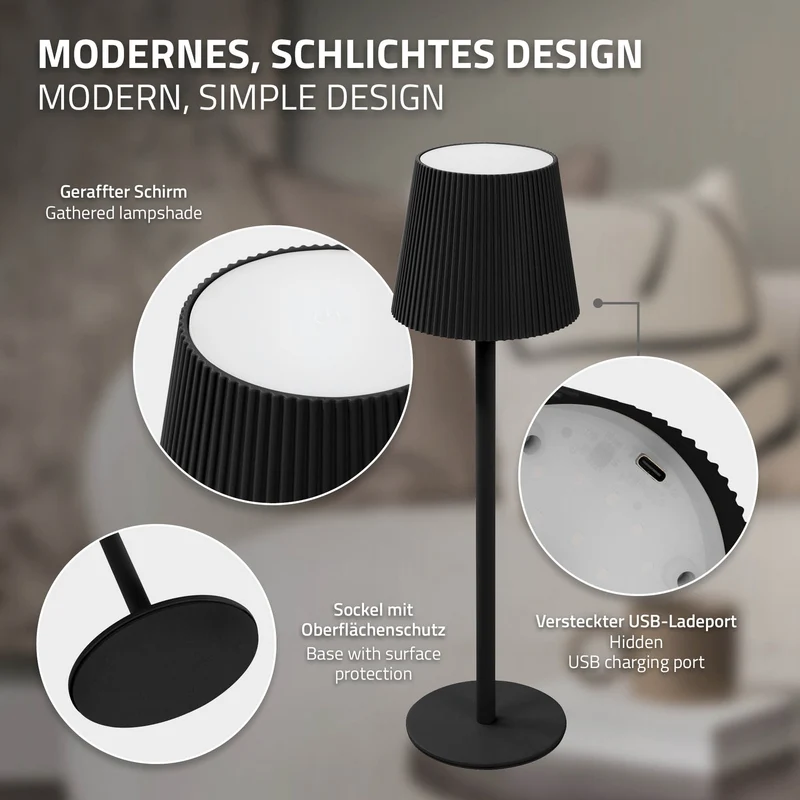 LED Tischlampe kabellos mit Touch, Schwarz, Ø10x36 cm, Akku Tischleuchte USB-C ML-Design