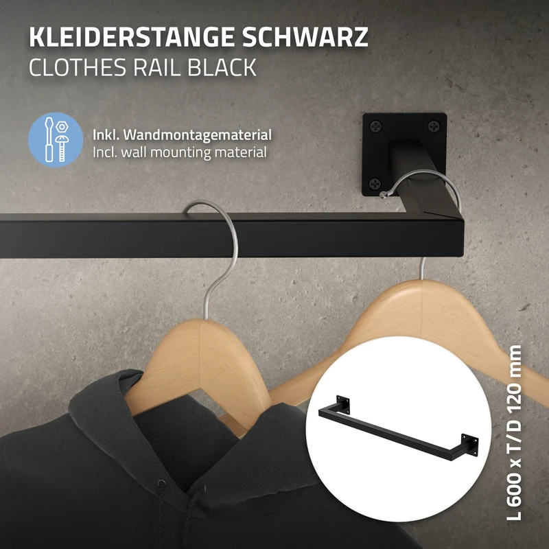 B-Ware Kleiderstange Garderobe Wandmontage 12 x 60 cm Schwarz aus Stahl ML-Design