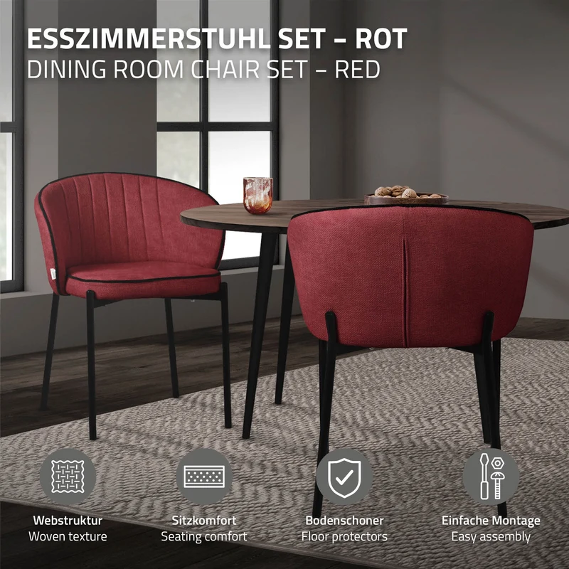 6er Set Esszimmerstühle mit Rücken- & Armlehne Rot mit Metallbeinen bis 120 kg ML-Design