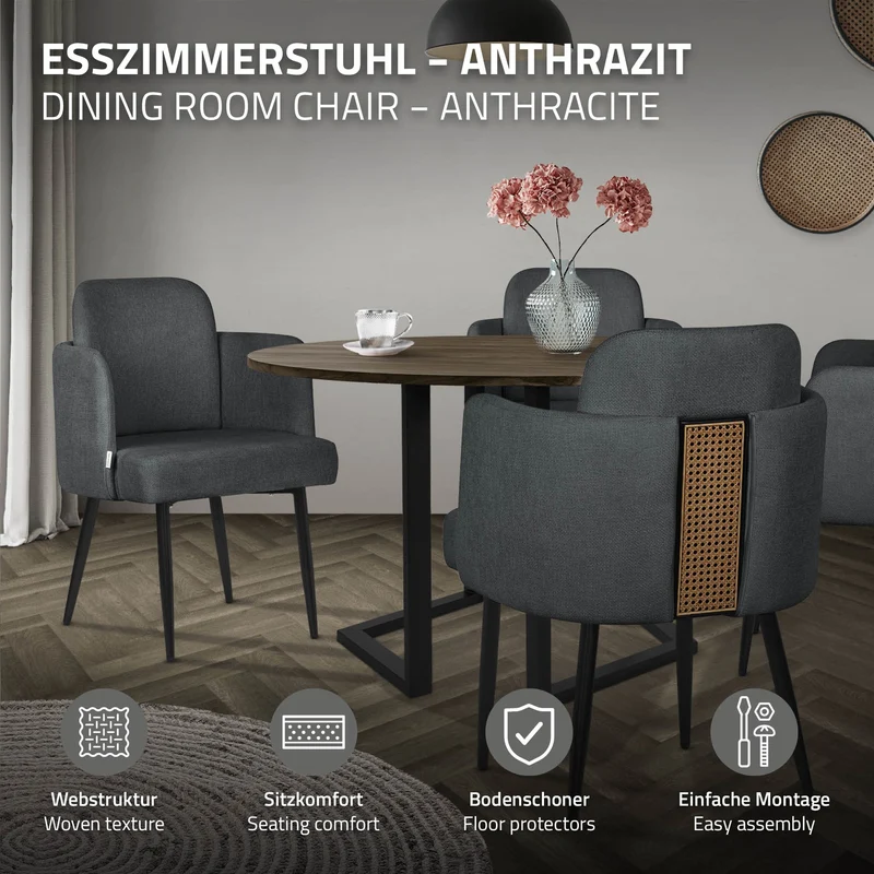 6er Set Esszimmerstühle mit Rücken- & Armlehne Anthrazit mit Metallbeinen bis 120 kg ML-Design
