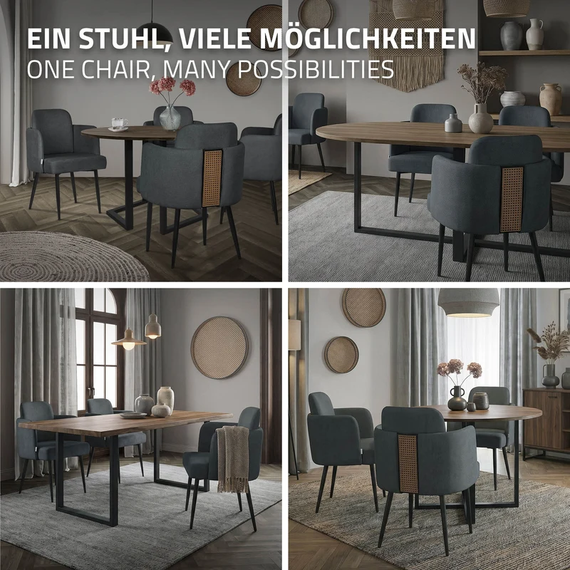 6er Set Esszimmerstühle mit Rücken- & Armlehne Anthrazit mit Metallbeinen bis 120 kg ML-Design