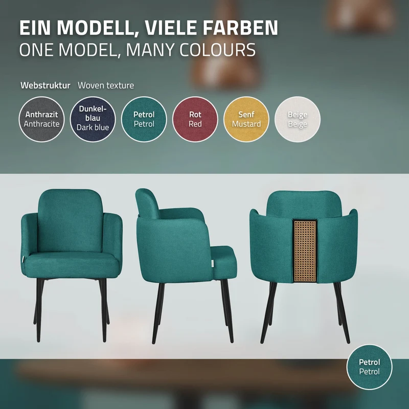 2er Set Esszimmerstühle mit Rücken- & Armlehne Petrol mit Metallbeinen bis 120 kg ML-Design