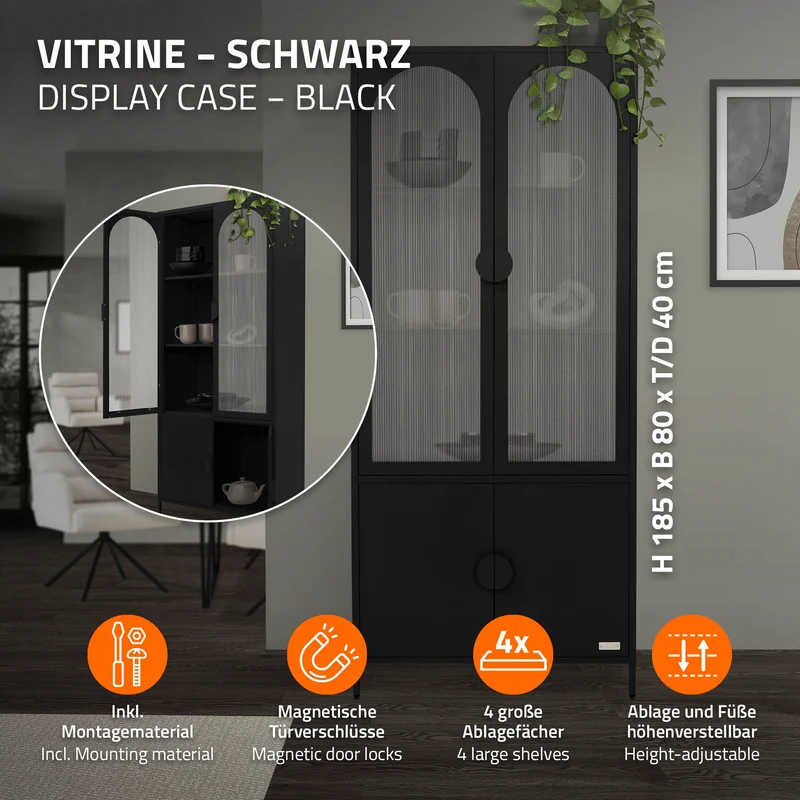 Vitrinenschrank 80x185x40 cm Schwarz mit 4 Ablage-/Regalfächer & 4 Türen Vitrine aus Stahl ML-Design