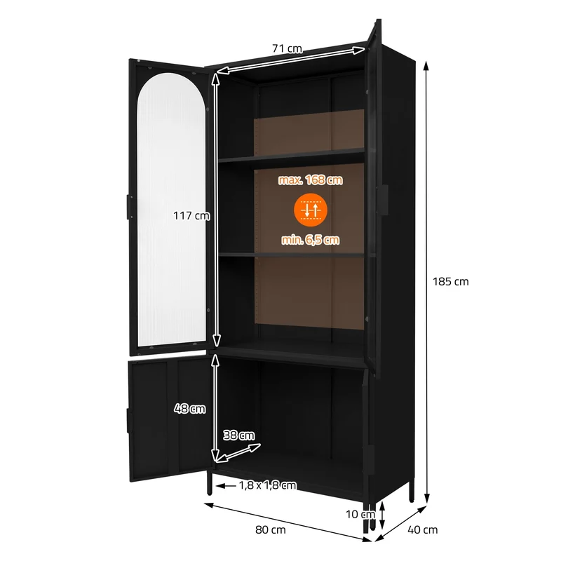 Vitrinenschrank 80x185x40 cm Schwarz mit 4 Ablage-/Regalfächer & 4 Türen Vitrine aus Stahl ML-Design