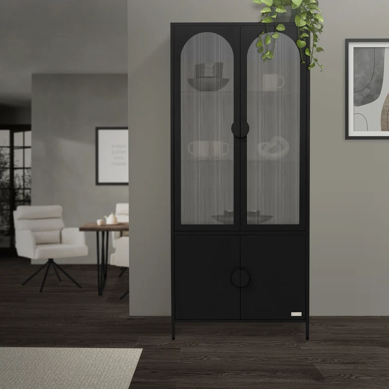 Vitrinenschrank 80x185x40 cm Schwarz mit 4 Ablage-/Regalfächer & 4 Türen Vitrine aus Stahl ML-Design