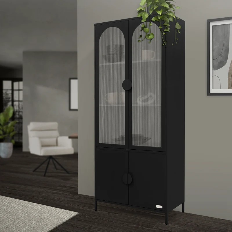 Vitrinenschrank 80x185x40 cm Schwarz mit 4 Ablage-/Regalfächer & 4 Türen Vitrine aus Stahl ML-Design