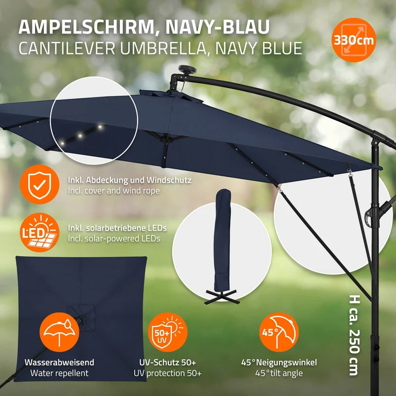 Ampelschirm Ø 330 cm mit LED Solar Navy-Blau 360° Alu Rechteckig Sonnenschirm mit Kurbel, Abdeckung & Ständer ML-Design