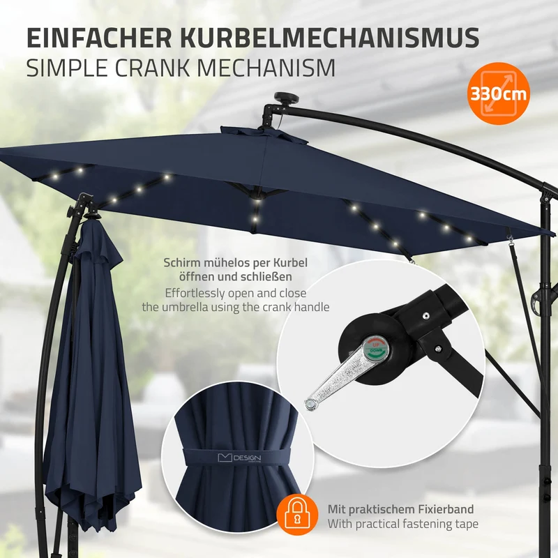 Ampelschirm Ø 330 cm mit LED Solar Navy-Blau 360° Alu Rechteckig Sonnenschirm mit Kurbel, Abdeckung & Ständer ML-Design