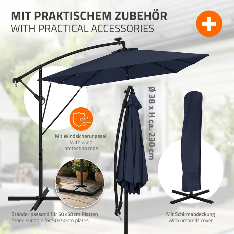 Ampelschirm Ø 330 cm mit LED Solar Navy-Blau 360° Alu Rechteckig Sonnenschirm mit Kurbel, Abdeckung & Ständer ML-Design