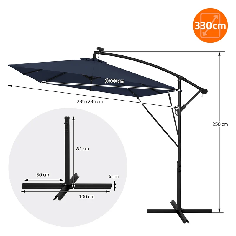 Ampelschirm Ø 330 cm mit LED Solar Navy-Blau 360° Alu Rechteckig Sonnenschirm mit Kurbel, Abdeckung & Ständer ML-Design