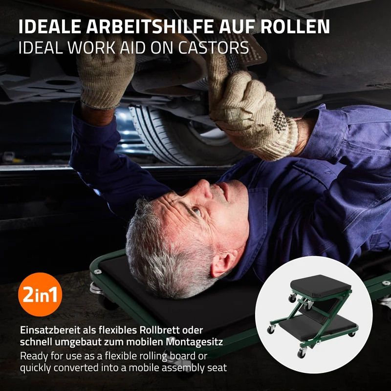 2in1 Montage-Sitz & Rollbrett aus Stahl, 360°, klappbar, Grün, Werkstatthocker & Werkstattliege bis 150 kg